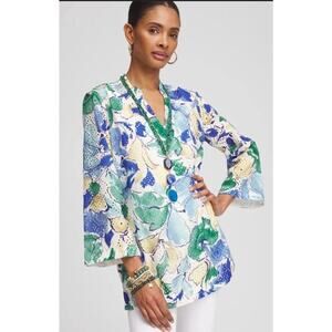 Chico’s Eyelet Poplin V Neck Blouse 3/4 Sleeve White Blue Green Floral Size 2/12